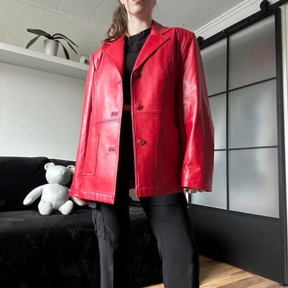 NWT Vintage 90s Sequence Button-Up Red Leather Blazer - Picture 5 of 7